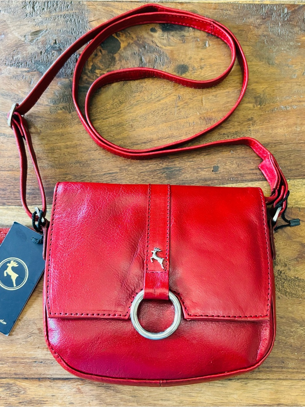 Vintage Leather Ashwood Red Crossbody Bag with Silver Ring Accent
